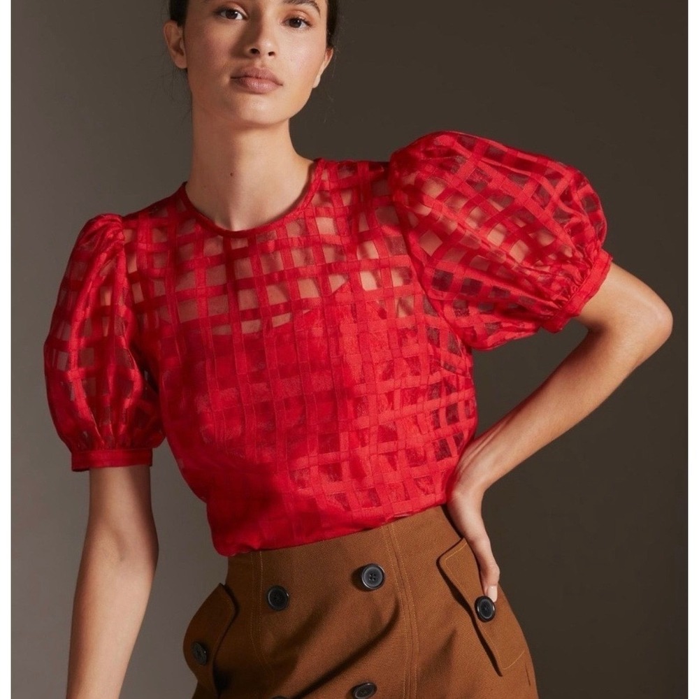 Red Puff Sleeve Grid-Pattern Top - Picture 2 of 11